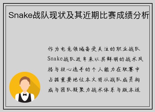 Snake战队现状及其近期比赛成绩分析